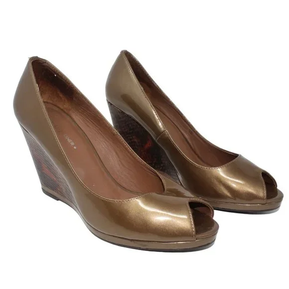 Donald J Pliner Size 9 M Beige Brown Habiki Patent Leather Peeptoe Wedge Heels - Picture 3 of 9